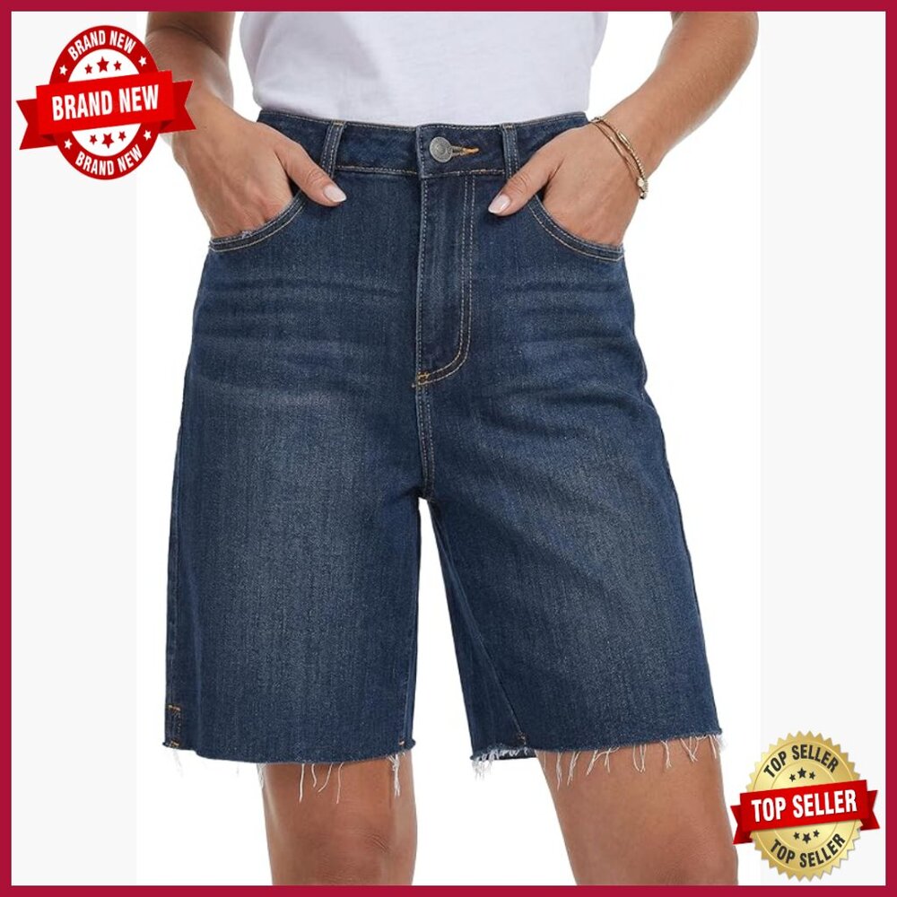 High Waisted Baggy Denim Bermuda Shorts Ripped Distressed Casual